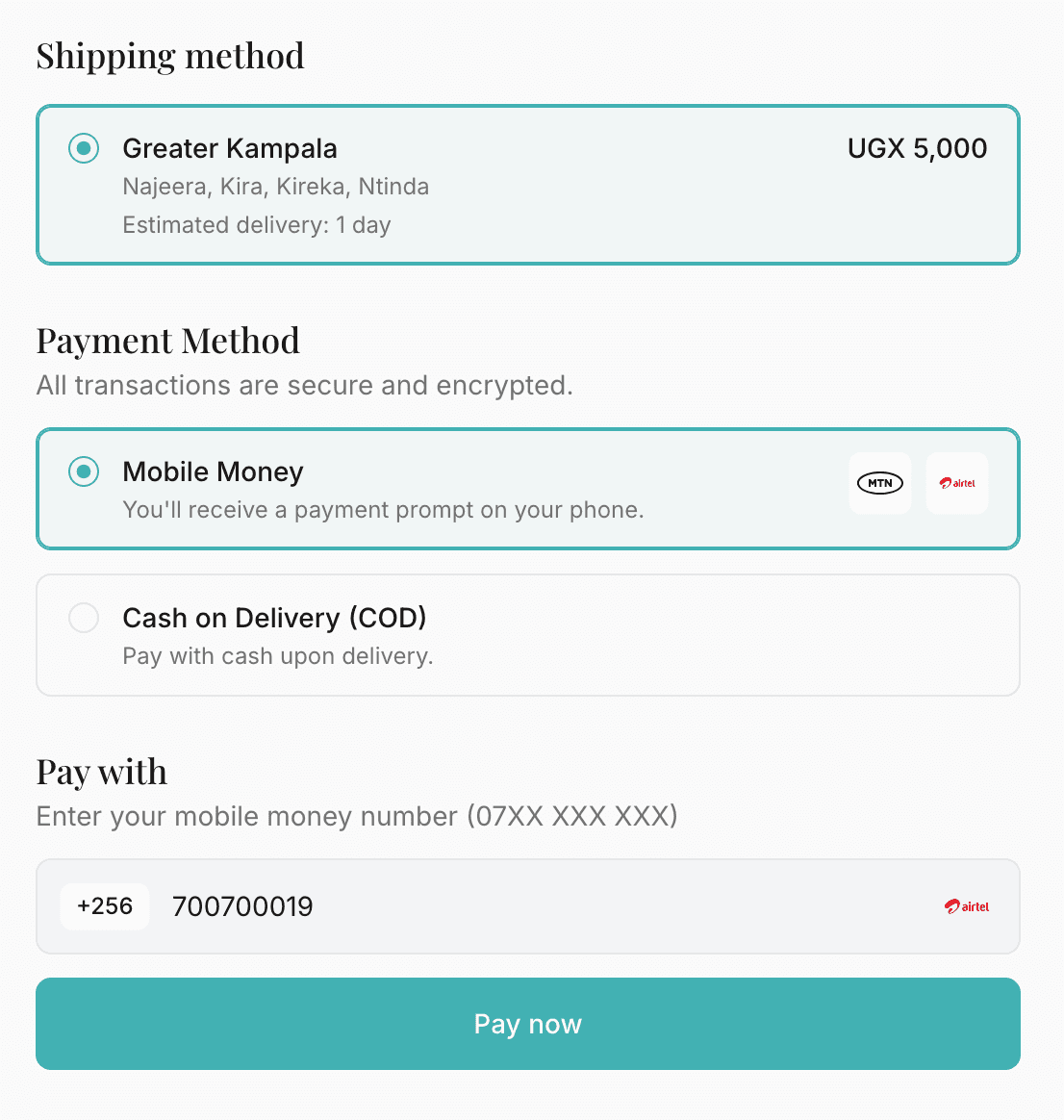 Kampe checkout payment experience